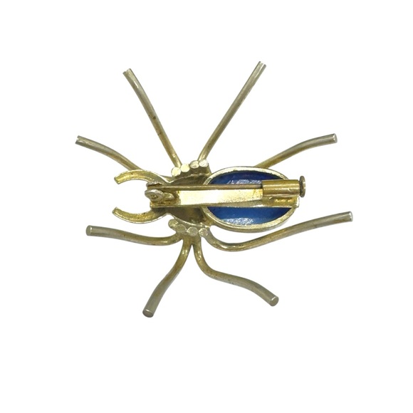 Antique-Vintage Art Deco Tall Brass & Lapis Lazuli Glass Cabochon Spider Brooch - Picture 7 of 10